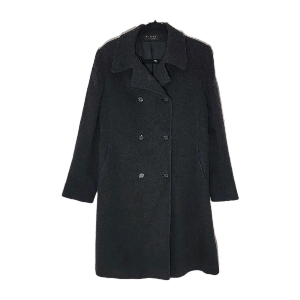 Steve By Searle Wool Cashmere Blend Double Breasted Black Long Coat Sz 8 USA